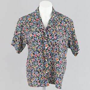 Vintage 80s Short Sleeve Black Floral Blouse Women's Petite Size 10